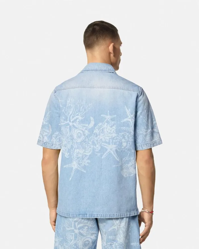 Lasered Barocco Sea Denim Overshirt Blue Men Versace Shirts