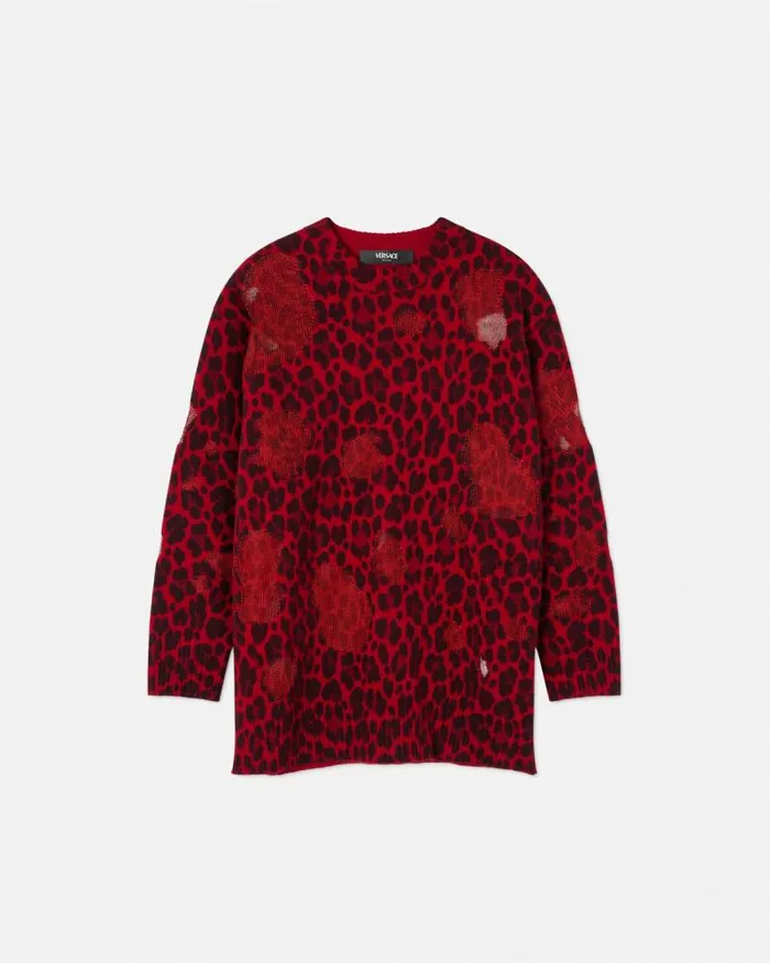 Leopard Intarsia Oversized Sweater Red Women Versace Knitwear