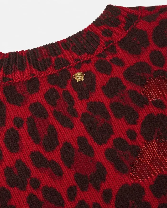 Leopard Intarsia Oversized Sweater Red Women Versace Knitwear