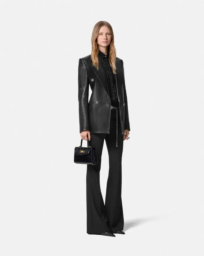 Leopard Jacquard Satin Shirt Black Women Versace Shirts and Tops
