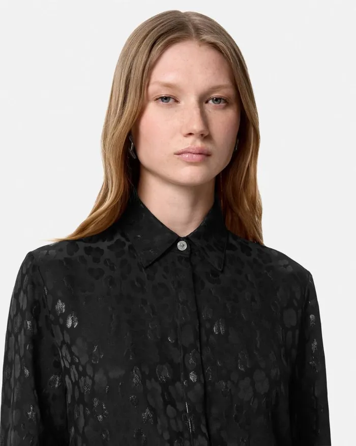 Leopard Jacquard Satin Shirt Black Women Versace Shirts and Tops
