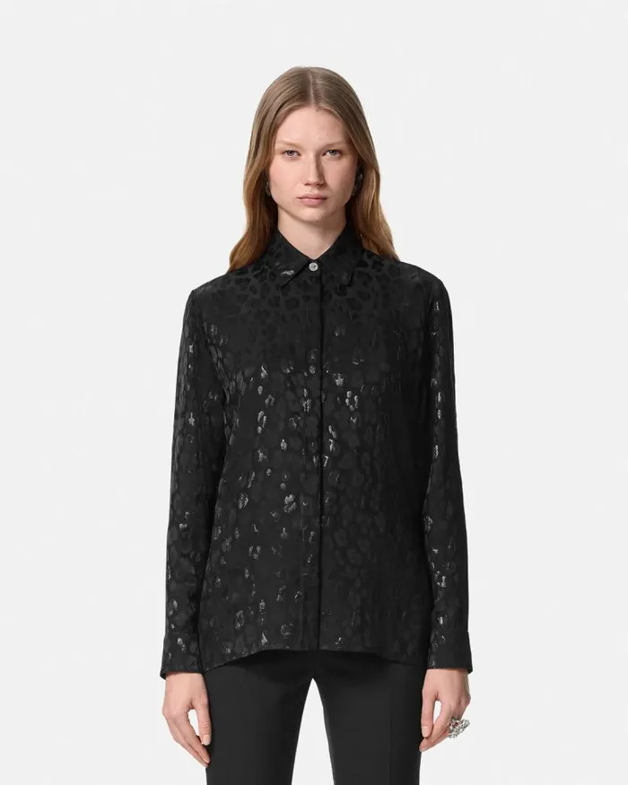Leopard Jacquard Satin Shirt Black Women Versace Shirts and Tops