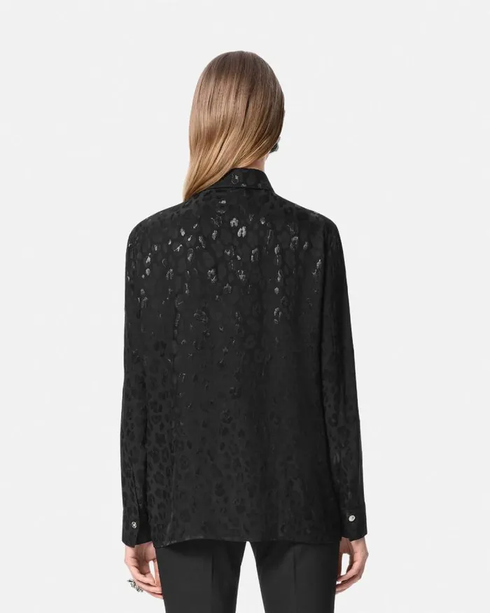 Leopard Jacquard Satin Shirt Black Women Versace Shirts and Tops
