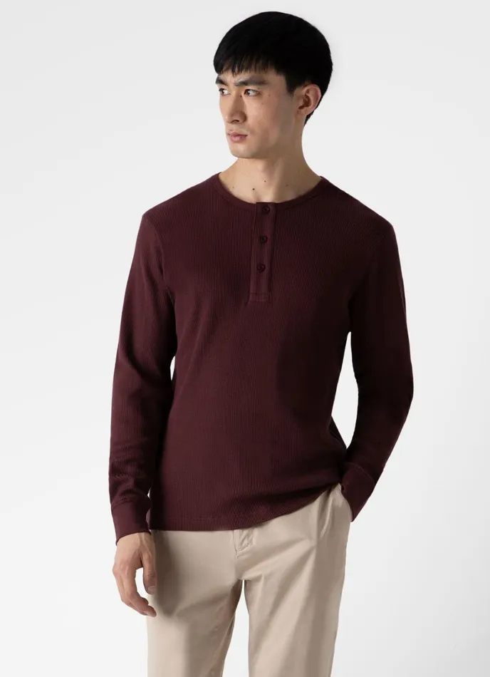 Long Sleeve Waffle Henley Maroon Men SUNSPEL Tshirts