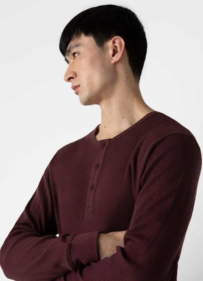 Long Sleeve Waffle Henley Maroon Men SUNSPEL Tshirts