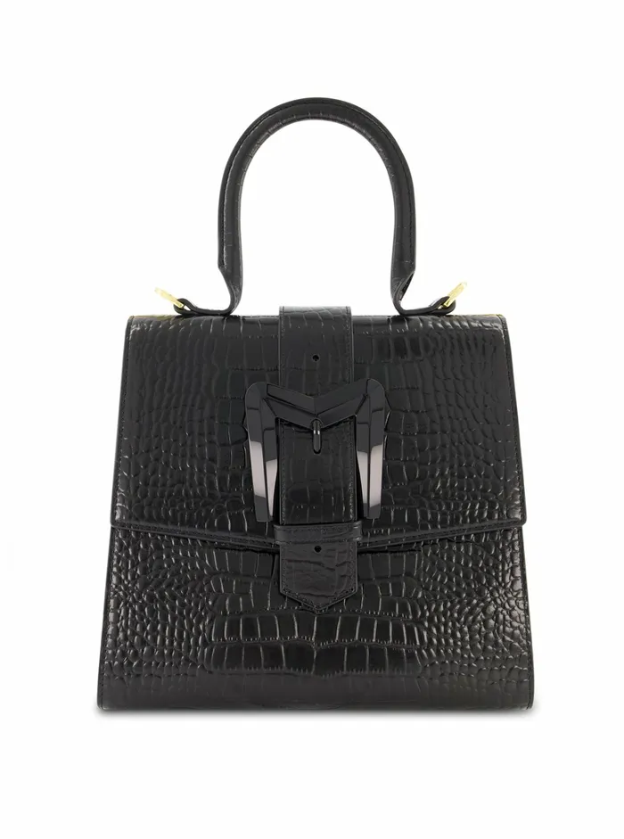 Mac Duggal Buckled Medium Croco Black Leather Handbag with Detachable Strap Black Women Top Handle Bags