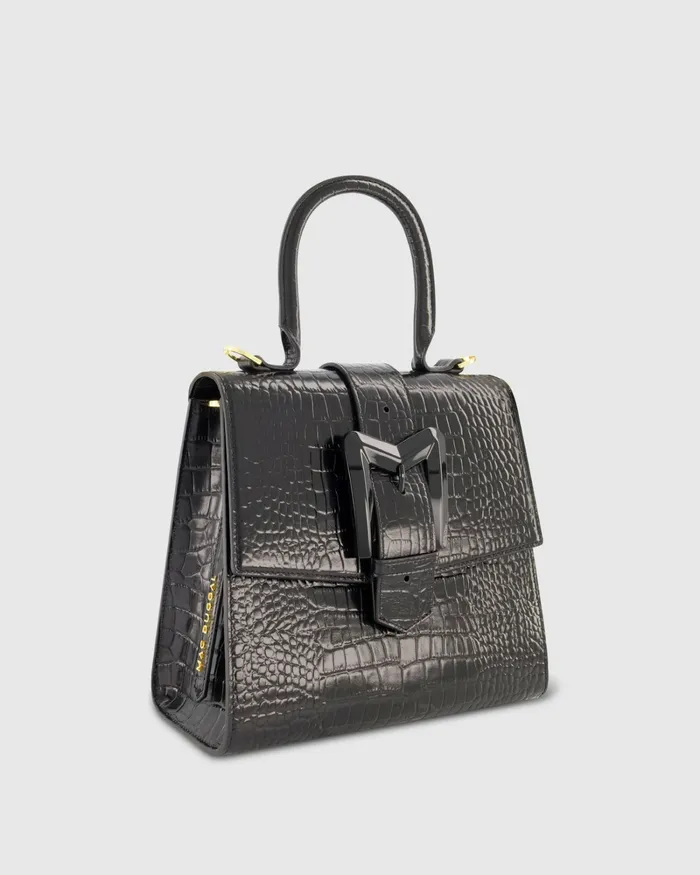 Mac Duggal Buckled Medium Croco Black Leather Handbag with Detachable Strap Black Women Top Handle Bags
