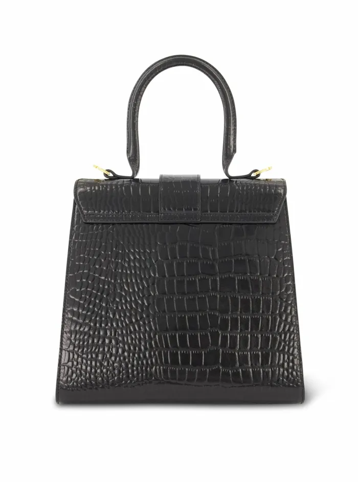 Mac Duggal Buckled Medium Croco Black Leather Handbag with Detachable Strap Black Women Top Handle Bags