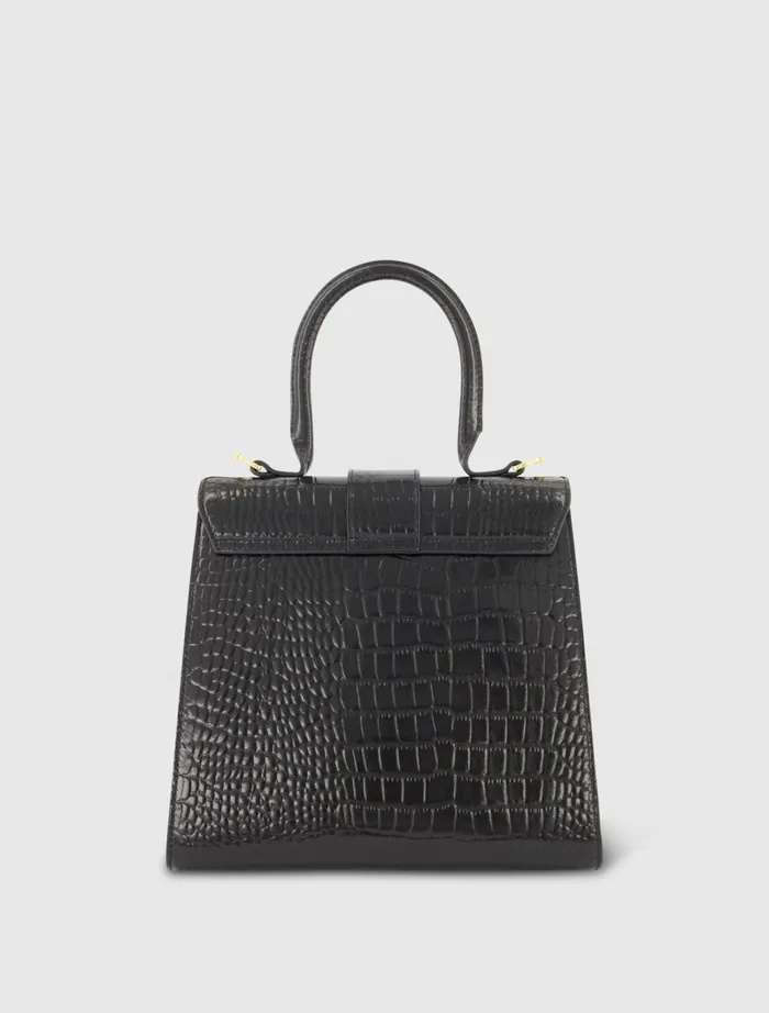 Mac Duggal Buckled Medium Croco Black Leather Handbag with Detachable Strap Black Women Top Handle Bags