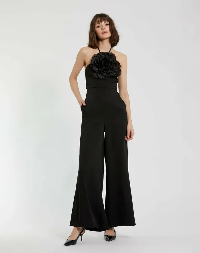 Mac Duggal Crepe Halter Neck Jumpsuit With Flower Black Women Jumpsuits and Rompers Mac Duggal Crepe Halter Neck Jumpsuit With Flower Black Women Jumpsuits and Rompers