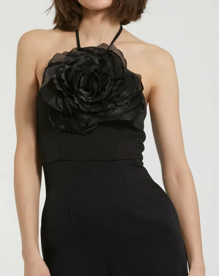 Mac Duggal Crepe Halter Neck Jumpsuit With Flower Black Women Jumpsuits and Rompers