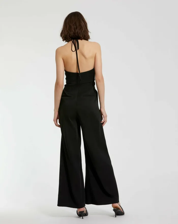 Mac Duggal Crepe Halter Neck Jumpsuit With Flower Black Women Jumpsuits and Rompers