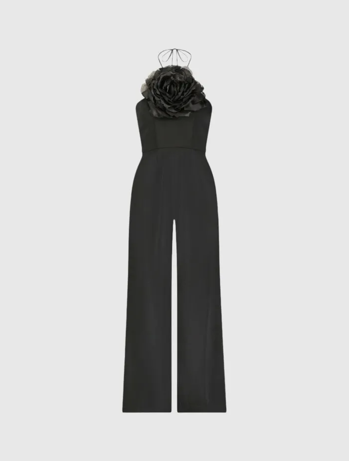 Mac Duggal Crepe Halter Neck Jumpsuit With Flower Black Women Jumpsuits and Rompers