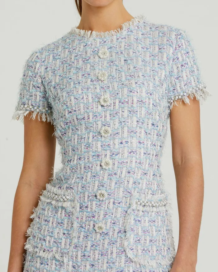 Mac Duggal Daytime Dresses Women Blue Cap Sleeve Floral Button Detail Shift Dress Blue Multi