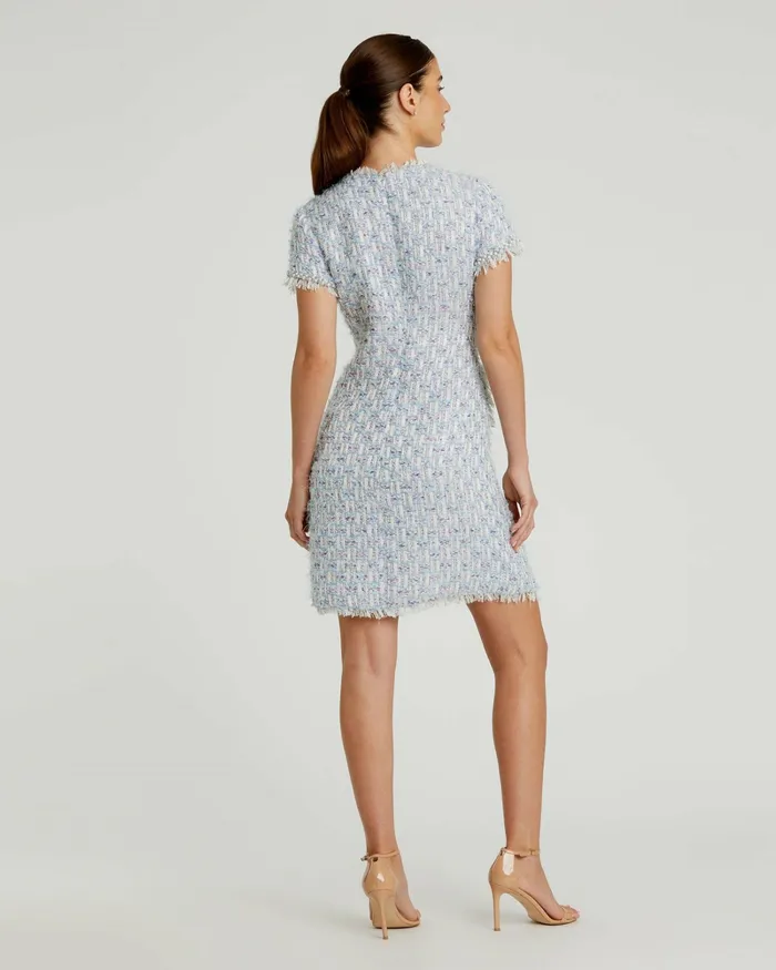 Mac Duggal Daytime Dresses Women Blue Cap Sleeve Floral Button Detail Shift Dress Blue Multi