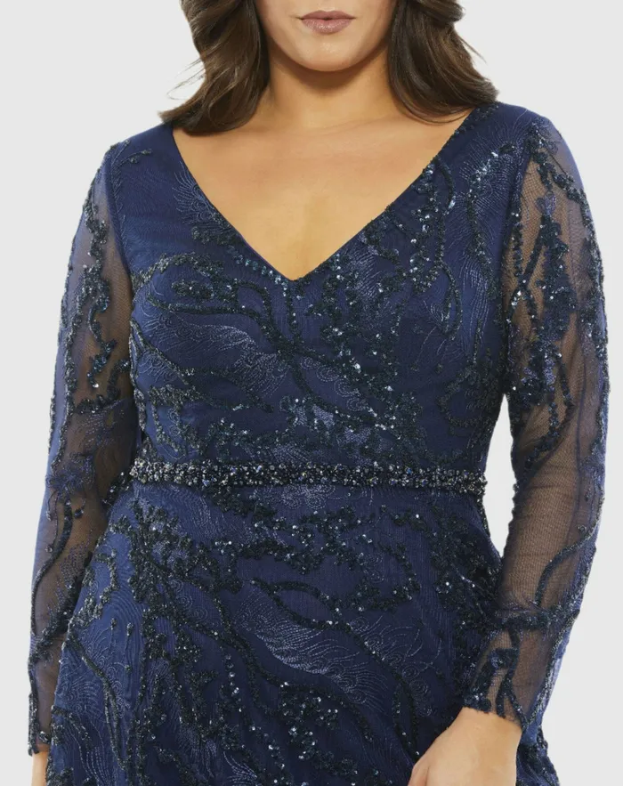 Mac Duggal Embellished Illusion Long Sleeve VNeck ALine Gown Plus Midnight Women Plus Size Dresses