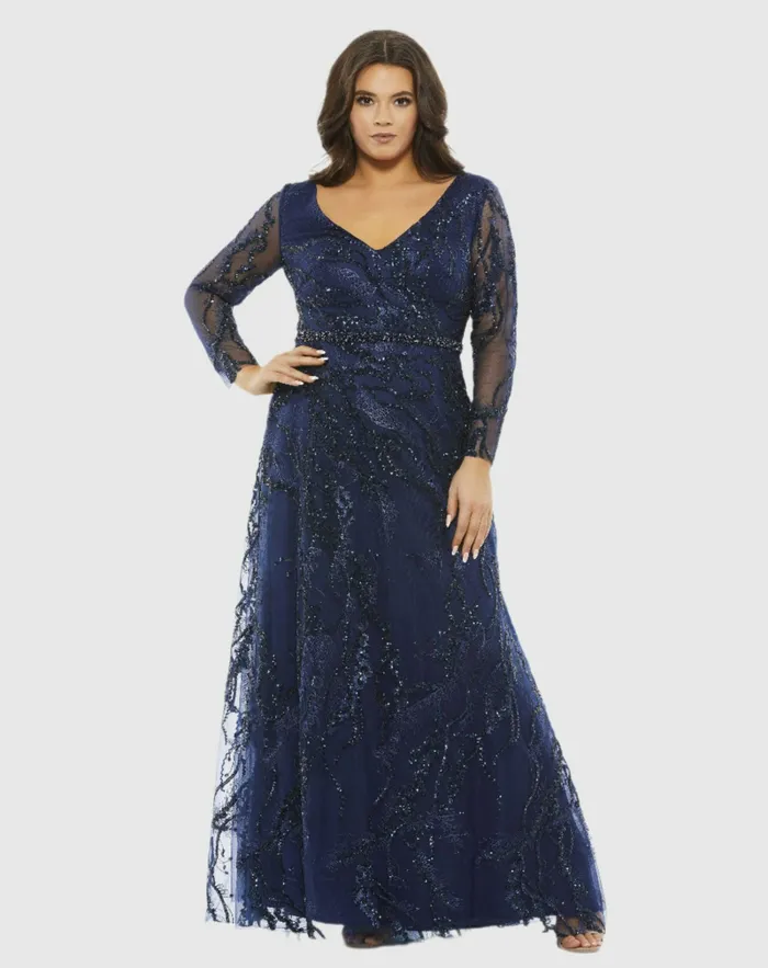 Mac Duggal Embellished Illusion Long Sleeve VNeck ALine Gown Plus Midnight Women Plus Size Dresses