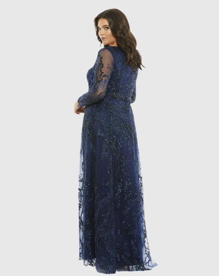 Mac Duggal Embellished Illusion Long Sleeve VNeck ALine Gown Plus Midnight Women Plus Size Dresses