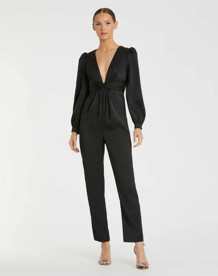 Mac Duggal Jumpsuits and Rompers Women Black Front Twist Puff Sleeve Deep V Jumpsuit Black Mac Duggal Jumpsuits and Rompers Women Black Front Twist Puff Sleeve Deep V Jumpsuit Black