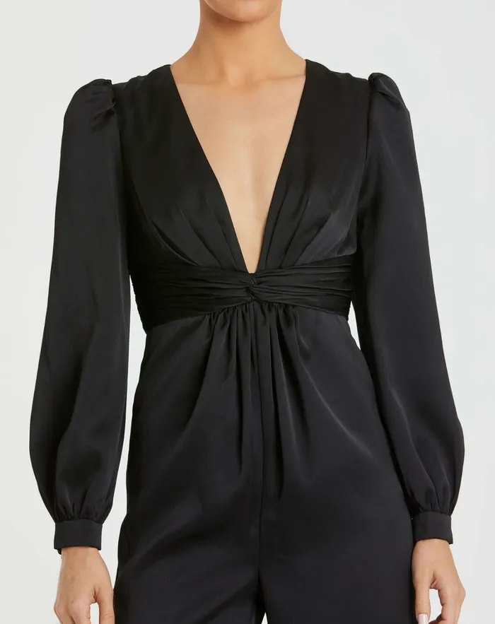 Mac Duggal Jumpsuits and Rompers Women Black Front Twist Puff Sleeve Deep V Jumpsuit Black