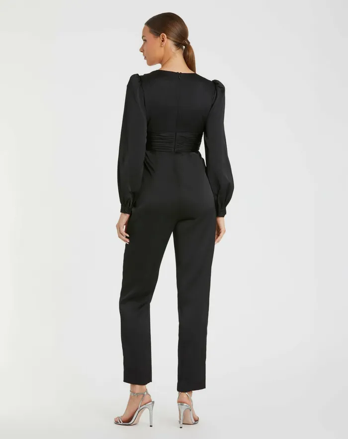 Mac Duggal Jumpsuits and Rompers Women Black Front Twist Puff Sleeve Deep V Jumpsuit Black