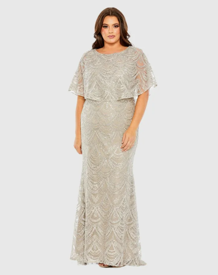 Mac Duggal Plus Size Dresses Women High Neck Embellished Column Dress With Cape Plus Size Gown Platinum Mac Duggal Plus Size Dresses Women High Neck Embellished Column Dress With Cape Plus Size Gown Platinum