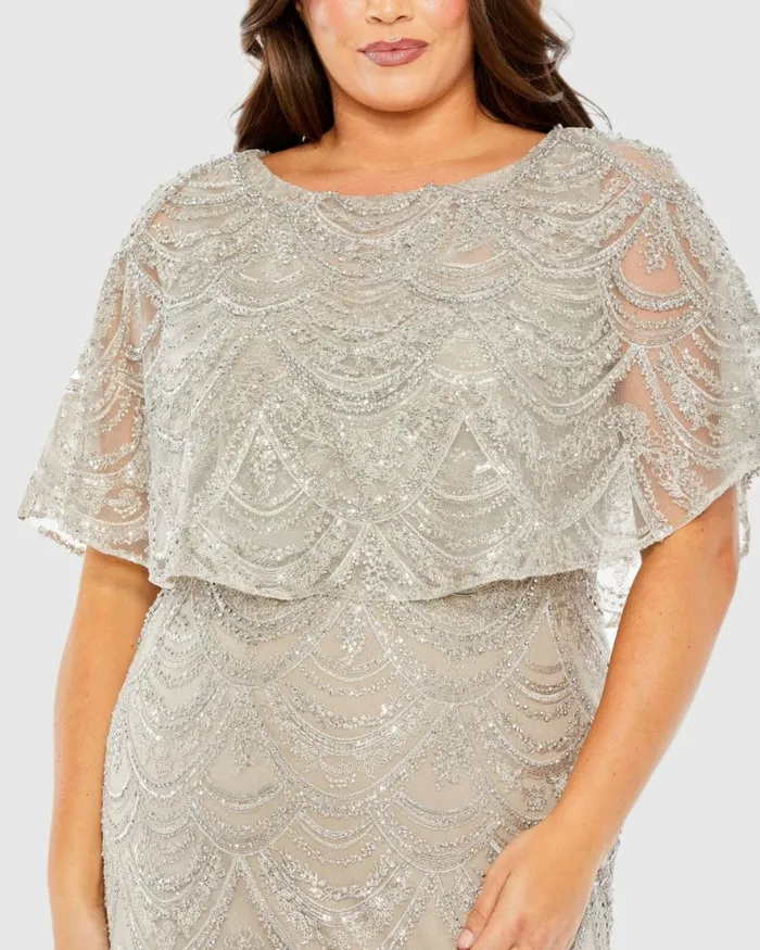 Mac Duggal Plus Size Dresses Women High Neck Embellished Column Dress With Cape Plus Size Gown Platinum Mac Duggal Plus Size Dresses Women High Neck Embellished Column Dress With Cape Plus Size Gown Platinum