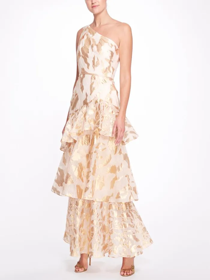 Marchesa Marchesa Notte One Shoulder Asymmetrical Tiered Gown Champagne 8211 Women
