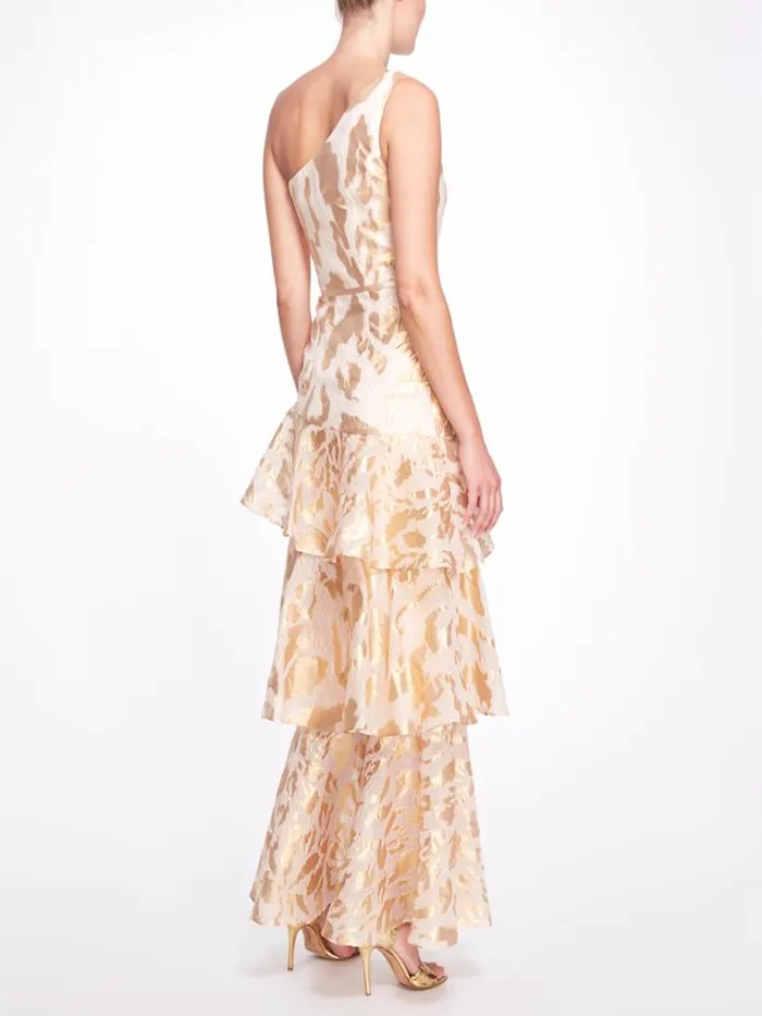 Marchesa Marchesa Notte One Shoulder Asymmetrical Tiered Gown Champagne 8211 Women