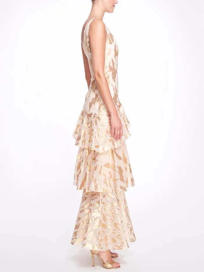 Marchesa Marchesa Notte One Shoulder Asymmetrical Tiered Gown Champagne 8211 Women