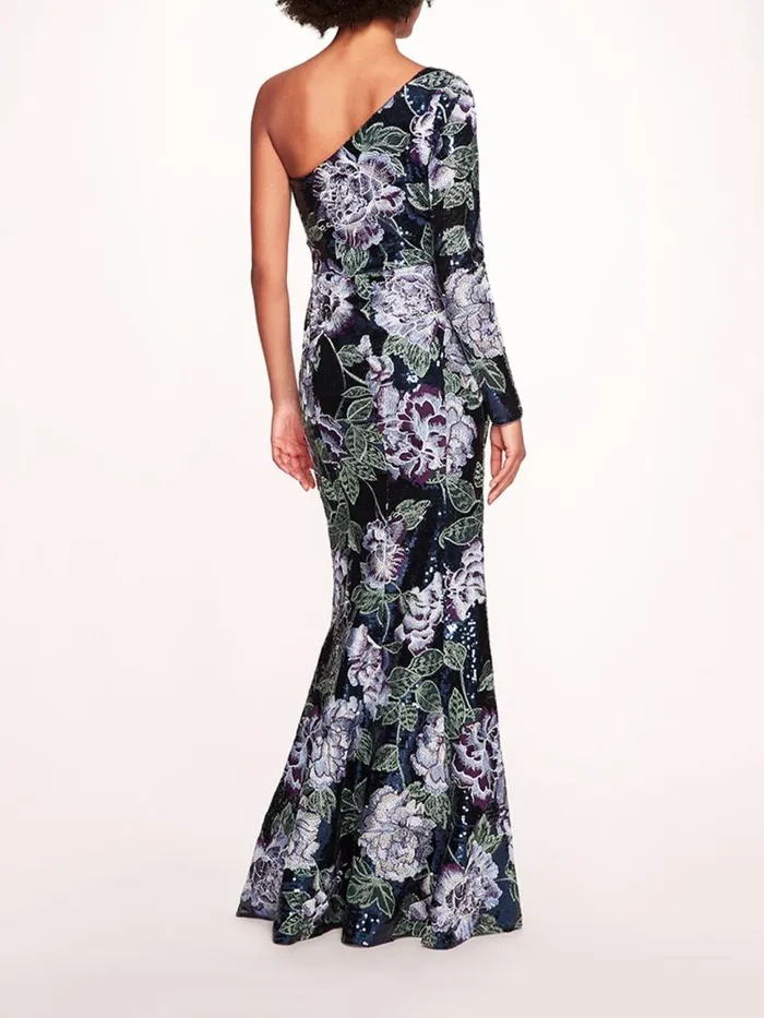 Marchesa Marchesa Notte One Shoulder Sequin Gown Navy 8211 Women