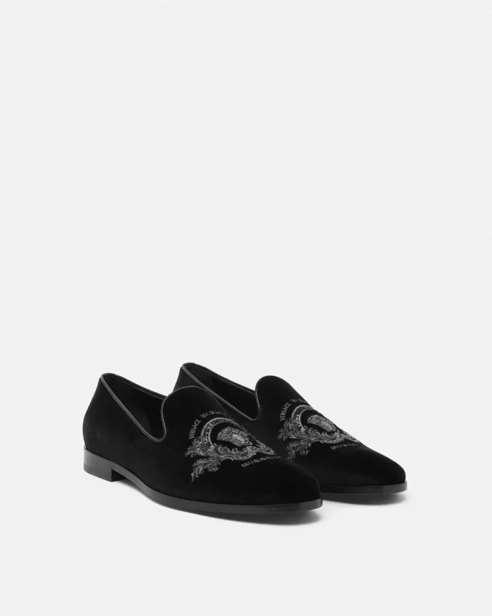Medusa Milano Velvet Slippers Black Men Versace Loafers and Slippers
