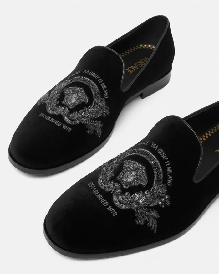 Medusa Milano Velvet Slippers Black Men Versace Loafers and Slippers