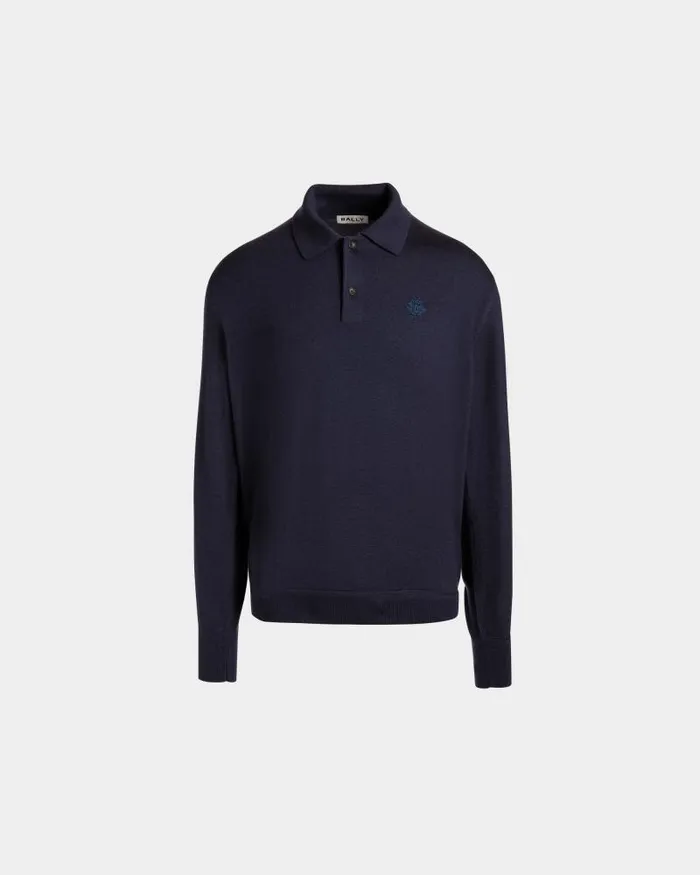 Men Bally Knitwear Long Sleeve Polo With Bally Crest Logo In Navy Blue Cashmere Blend Blue Men Bally Knitwear Long Sleeve Polo With Bally Crest Logo In Navy Blue Cashmere Blend Blue