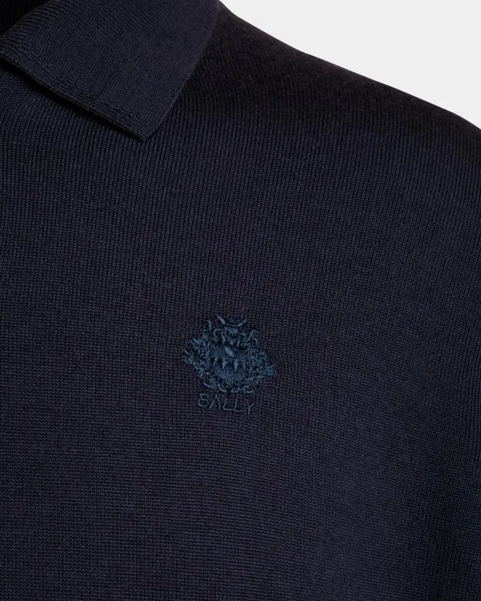 Men Bally Knitwear Long Sleeve Polo With Bally Crest Logo In Navy Blue Cashmere Blend Blue Men Bally Knitwear Long Sleeve Polo With Bally Crest Logo In Navy Blue Cashmere Blend Blue