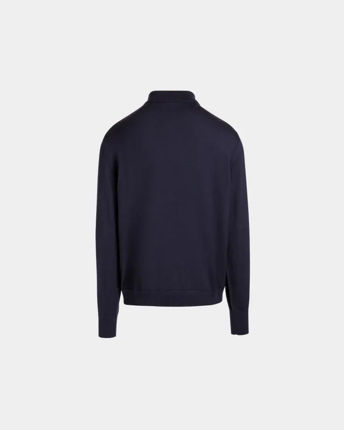 Men Bally Knitwear Long Sleeve Polo With Bally Crest Logo In Navy Blue Cashmere Blend Blue Men Bally Knitwear Long Sleeve Polo With Bally Crest Logo In Navy Blue Cashmere Blend Blue