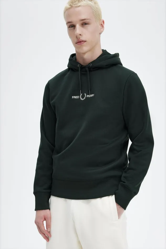 Men Embroidered Hooded Sweatshirt Night Green Fred Perry Sweatshirts