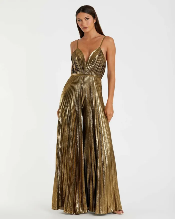 Metallic Pleated VNeck Jumpsuit Antique Gold Women Jumpsuits and Rompers Mac Duggal Metallic Pleated VNeck Jumpsuit Antique Gold Women Jumpsuits and Rompers Mac Duggal