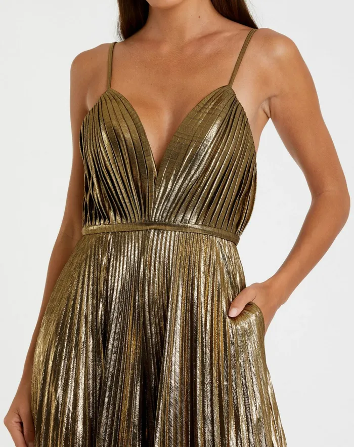 Metallic Pleated VNeck Jumpsuit Antique Gold Women Jumpsuits and Rompers Mac Duggal
