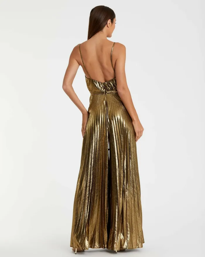Metallic Pleated VNeck Jumpsuit Antique Gold Women Jumpsuits and Rompers Mac Duggal