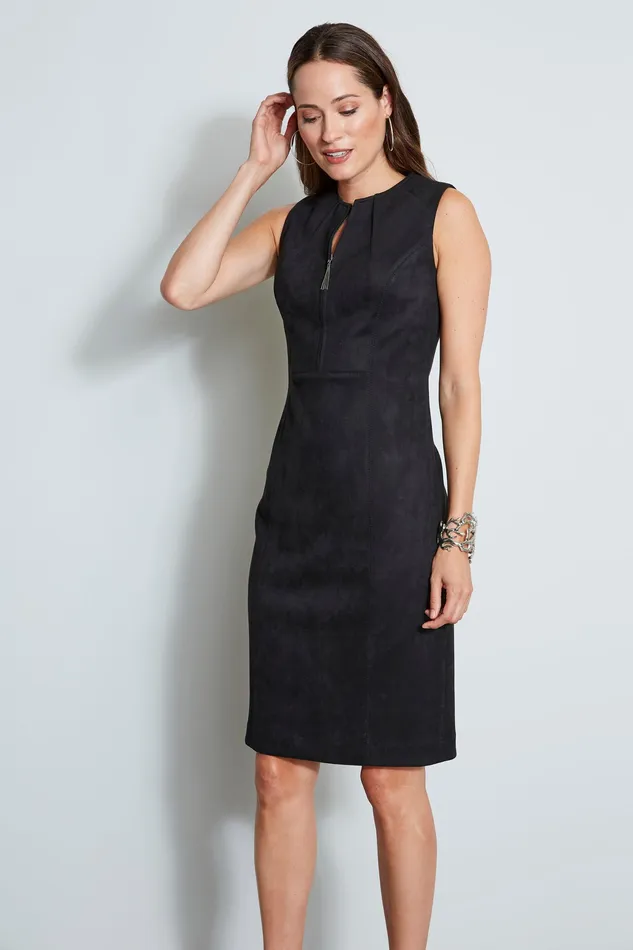 Midi Dresses Women Elie Tahari Dart Zip Vegan Suede Dress BLACK