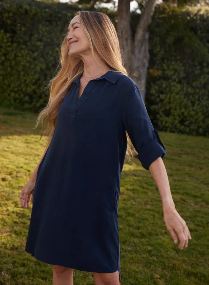Mini Dresses Women Bella Dahl ALine Rolled Tab Sleeve Dress 8211 Endless Sea