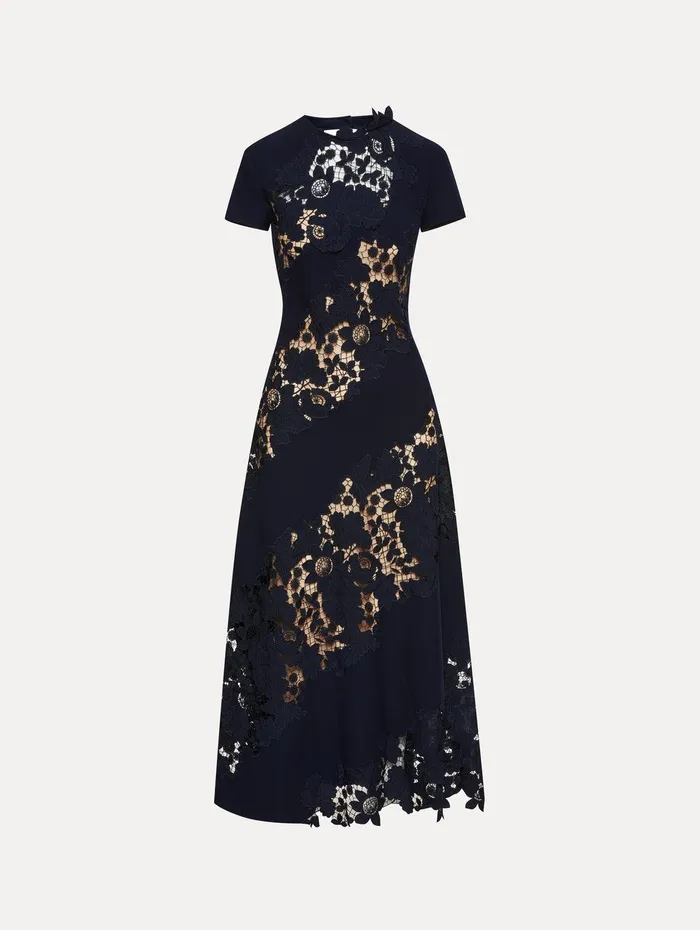 Mixed Botanical Guipure Inset Midi Dress Navy Women Oscar De La Renta Dresses Mixed Botanical Guipure Inset Midi Dress Navy Women Oscar De La Renta Dresses