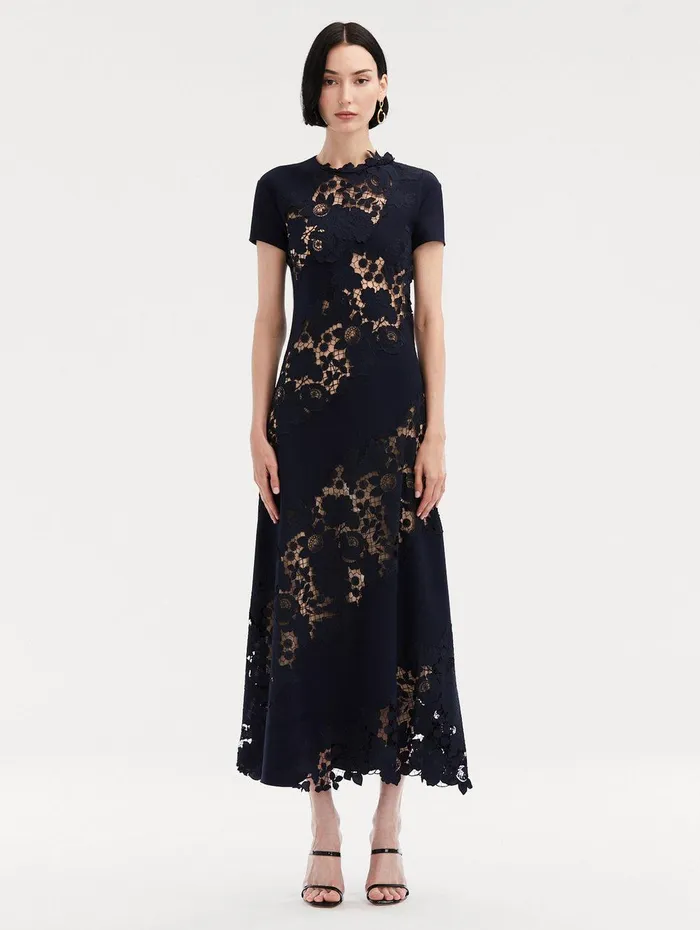Mixed Botanical Guipure Inset Midi Dress Navy Women Oscar De La Renta Dresses Mixed Botanical Guipure Inset Midi Dress Navy Women Oscar De La Renta Dresses