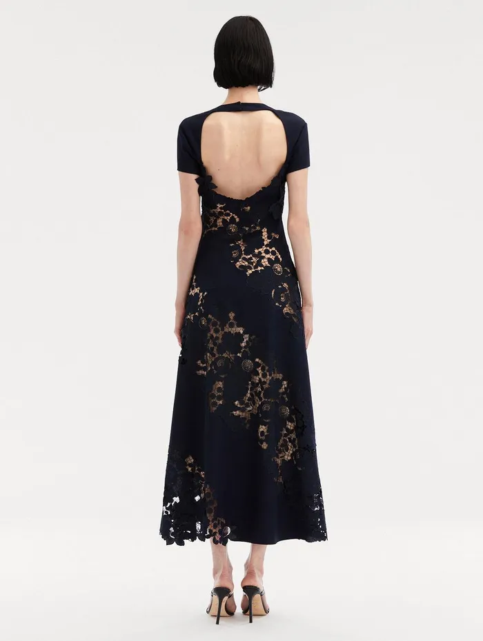 Mixed Botanical Guipure Inset Midi Dress Navy Women Oscar De La Renta Dresses Mixed Botanical Guipure Inset Midi Dress Navy Women Oscar De La Renta Dresses
