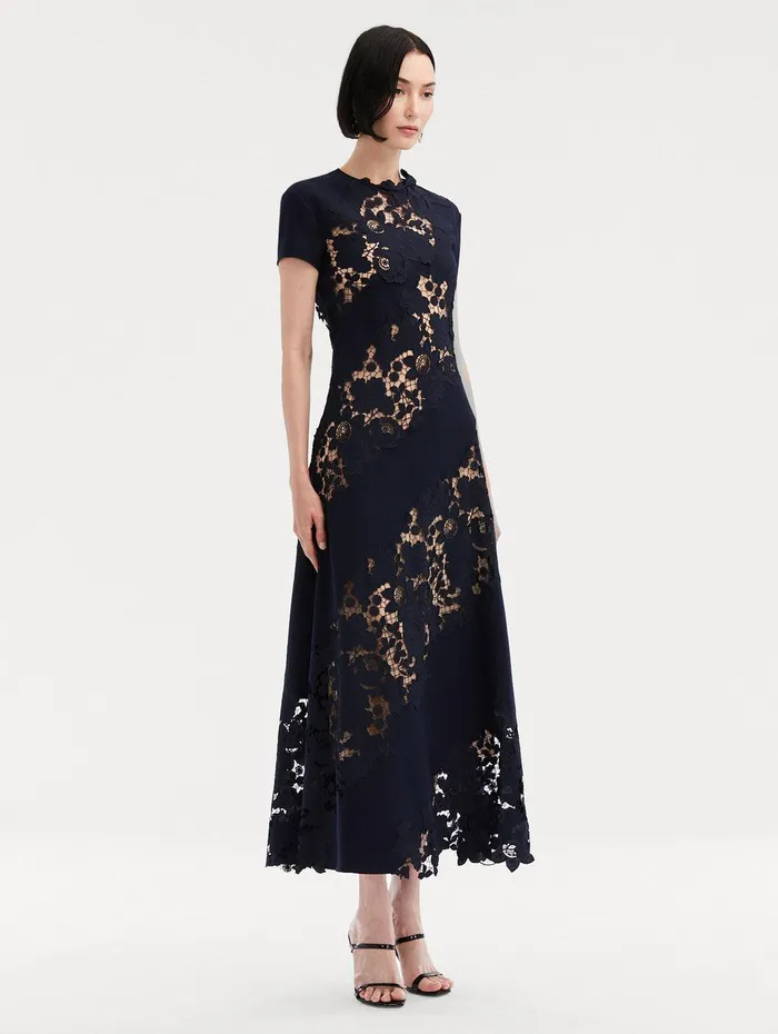 Mixed Botanical Guipure Inset Midi Dress Navy Women Oscar De La Renta Dresses Mixed Botanical Guipure Inset Midi Dress Navy Women Oscar De La Renta Dresses