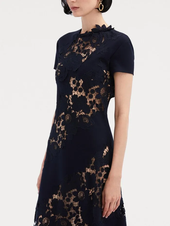 Mixed Botanical Guipure Inset Midi Dress Navy Women Oscar De La Renta Dresses Mixed Botanical Guipure Inset Midi Dress Navy Women Oscar De La Renta Dresses
