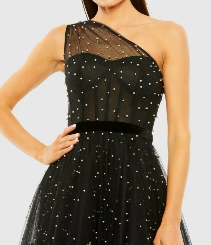 One Shoulder Pearl Beaded Midi Ballgown Black Best Sellers Mac Duggal Women