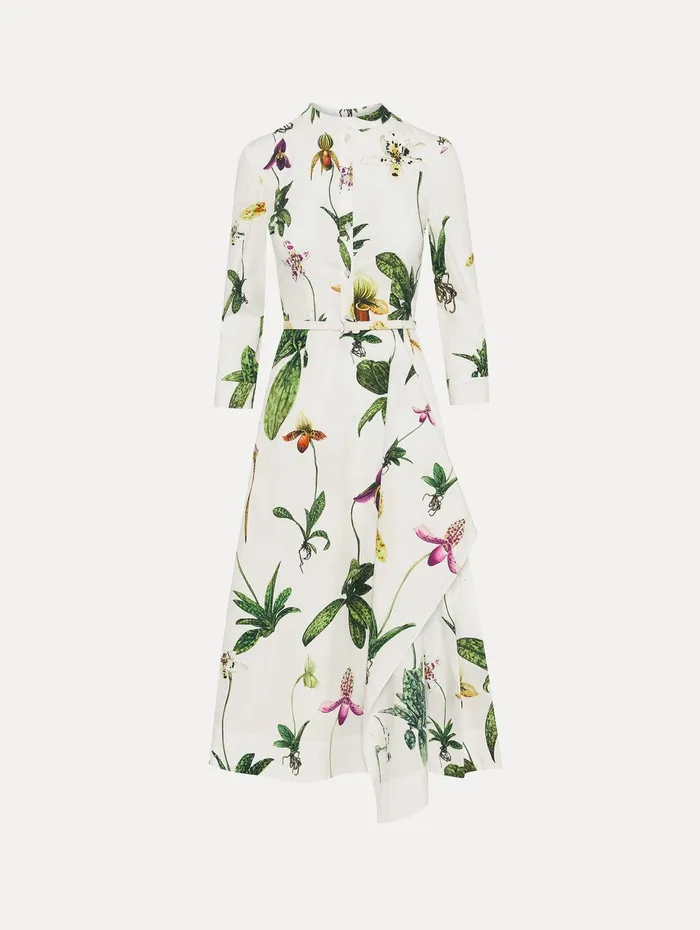 Orchid Cotton Poplin 34 Sleeve Dress White Multi Women Oscar De La Renta Dresses Orchid Cotton Poplin 34 Sleeve Dress White Multi Women Oscar De La Renta Dresses