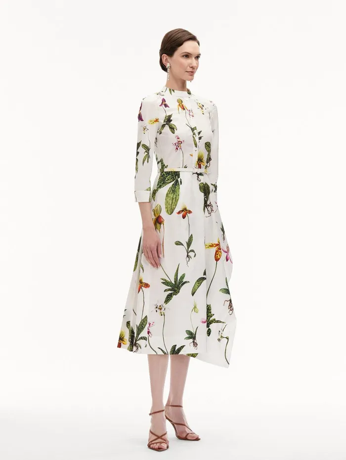 Orchid Cotton Poplin 34 Sleeve Dress White Multi Women Oscar De La Renta Dresses Orchid Cotton Poplin 34 Sleeve Dress White Multi Women Oscar De La Renta Dresses